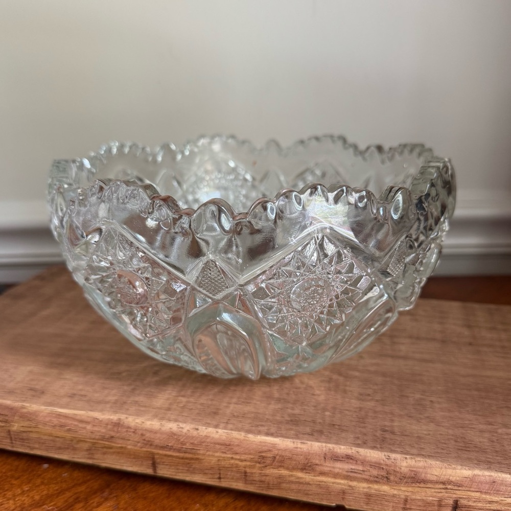 Vintage L.E. SMITH 8.25" Quintec Heritage Hobstar Etched Crystal Bowl